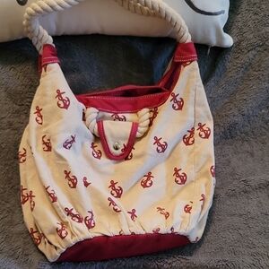 Nautical Cream and Red Anchor Tote Bag